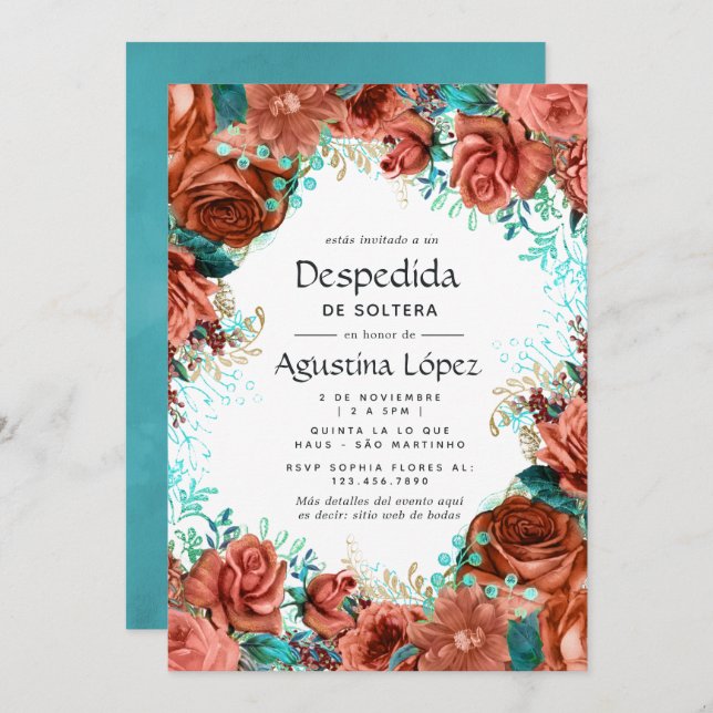 Spanish Turquoise and Coral Floral Bachelorette Invitation (Front/Back)