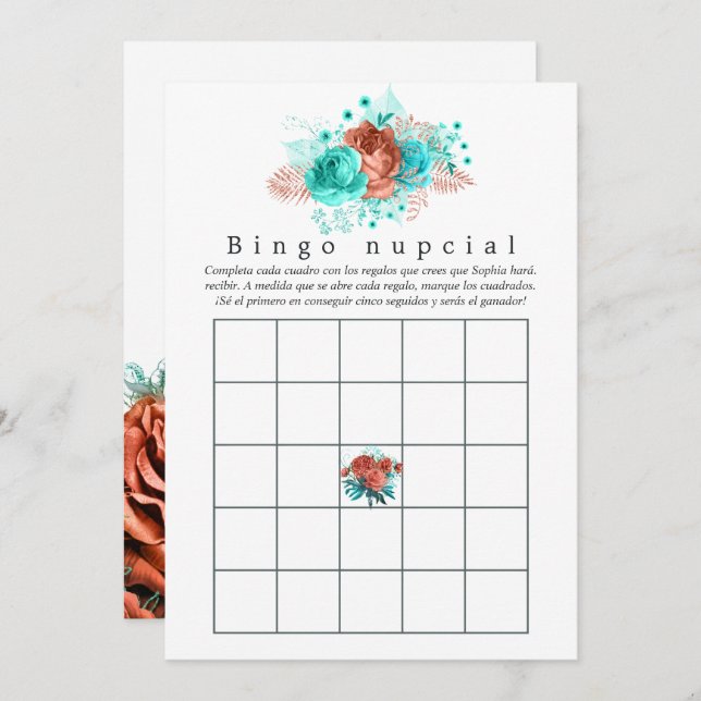 Spanish Turquoise and Coral Floral Bridal Bingo (Front/Back)