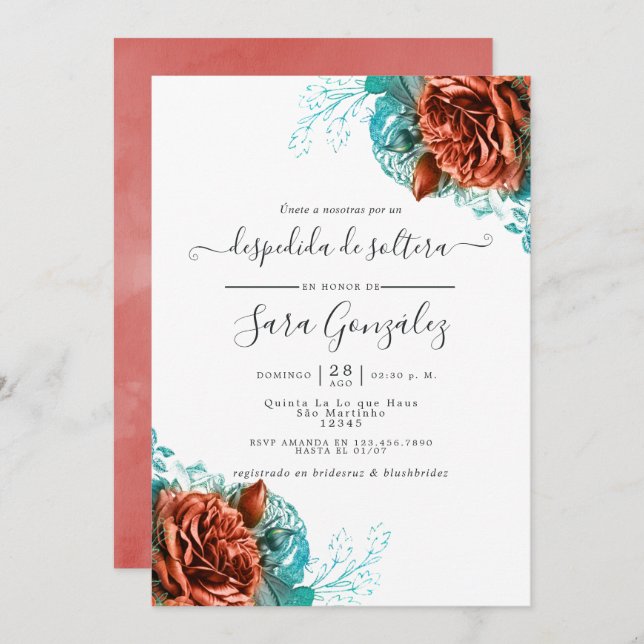 Spanish Turquoise and Coral Floral Bridal Shower Invitation (Front/Back)