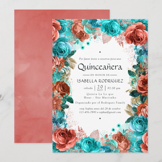 Spanish Turquoise and Coral Floral Quinceañera Inv Invitation (Front/Back)
