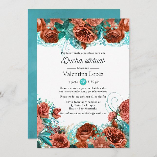 Spanish Turquoise and Coral Floral Virtual Shower Invitation (Front/Back)