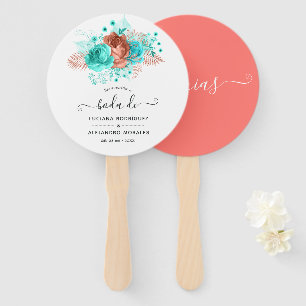 Spanish Turquoise and Coral Tropical Wedding Favou Hand Fan