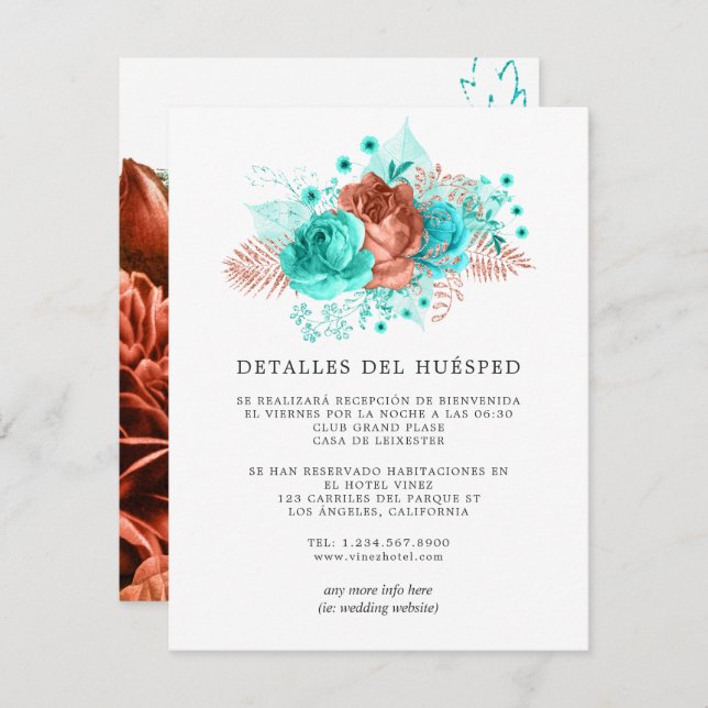 Spanish Turquoise and Coral Wedding Guest Details Enclosure Card (Front/Back)