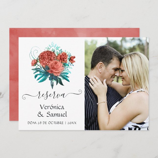 Spanish Turquoise and Coral Wedding Save the Date (Front/Back)