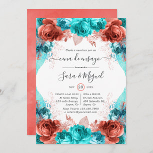 Spanish Turquoise & Coral Floral Rehearsal Dinner Invitation