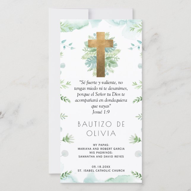 Spanish, Turquoise Greenery Baptism Bookmark Favou Thank You Card (Front)