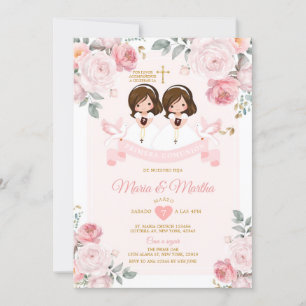 Spanish Twin Cute Little Girl Primera Comunión Invitation