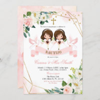 Spanish Twin Pink Gold Floral Bautizo Invitation
