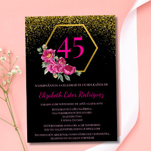 Spanish Unique Black & Gold Pink 45th Birthday Invitation