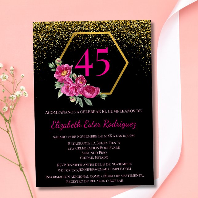 Spanish Unique Black & Gold Pink 45th Birthday Invitation (Creator Uploaded)