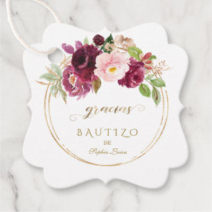 Spanish Unique Burgundy Blush Floral Gold Bautizo Favour Tags