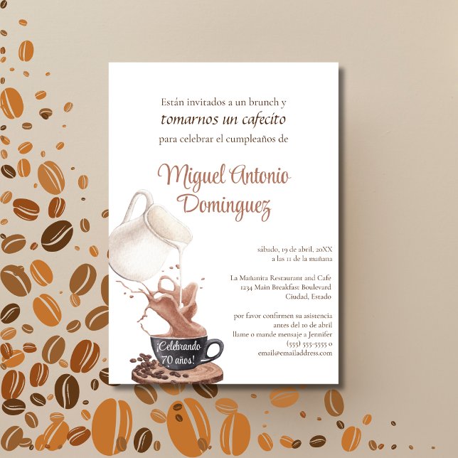 Spanish Unique Coffee Splash 70th Birthday Party  Invitation (Creator Uploaded)