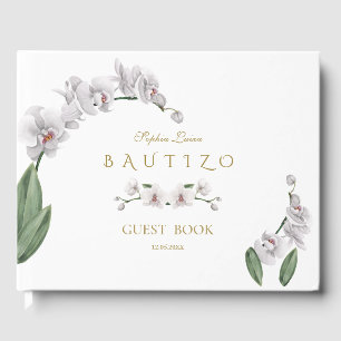 Spanish Unique White Orchid Flowers Bautizo Guest Book