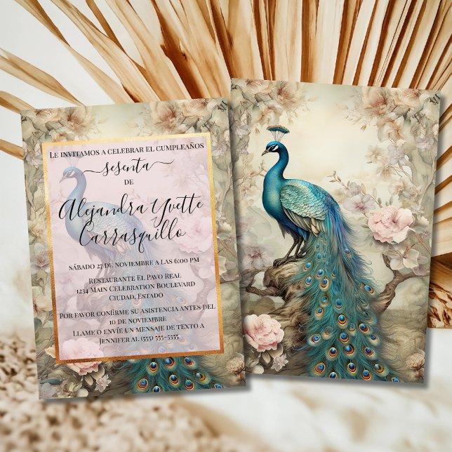 Spanish Vintage Peacock Beautiful 60th Birthday Invitation (Creator Uploaded)