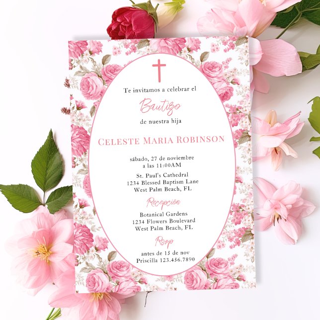 Spanish Vintage Pink Roses Floral Baptism Invitation (Creator Uploaded)