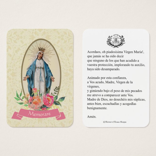Spanish Virgin Mary Prayer Memorare Holy Card (Front & Back)