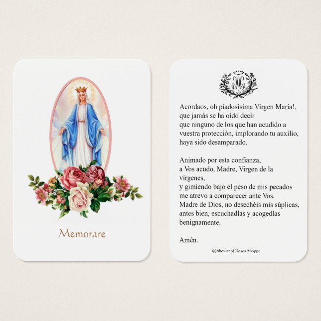 Spanish Virgin Mary Prayer Memorare Holy Card (Front & Back)