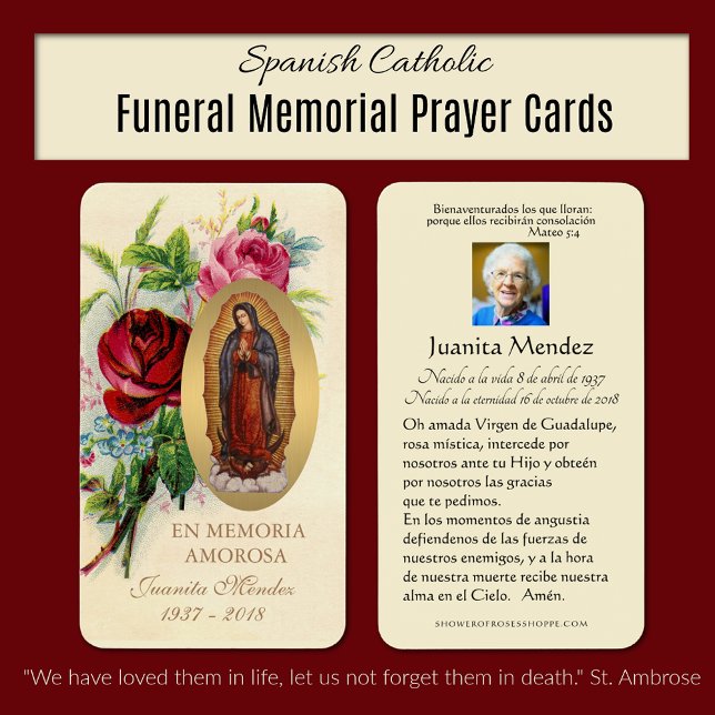 Spanish Virgin Mary Roses Religious Prayer Card (Spanish Catholic Funeral Memorial Prayer Card of Our Lady of Guadalupe)