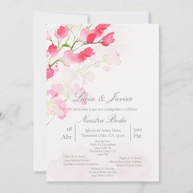 Spanish water coloured flower Wedding Invitation (Front)