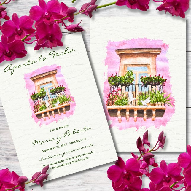 Spanish, Watercolor Balcony Mexican Save the Date Invitation (Creator Uploaded)