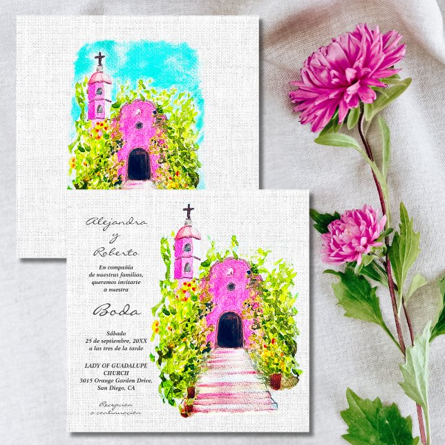 Spanish, Watercolor Chapel Mexican Wedding Invite  (Creator Uploaded)