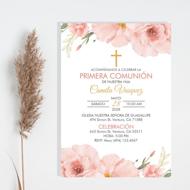 Spanish Watercolor Flowers First Communion  Invitation (Creator Uploaded)