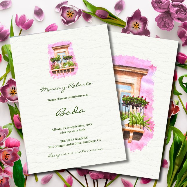 Spanish, Watercolor Town Balcony Mexican Wedding Invitation (Creator Uploaded)