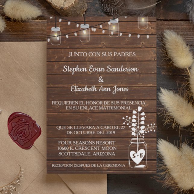 Spanish Wedding Barn Mason Jar Classic Wood Invitation (Creator Uploaded)