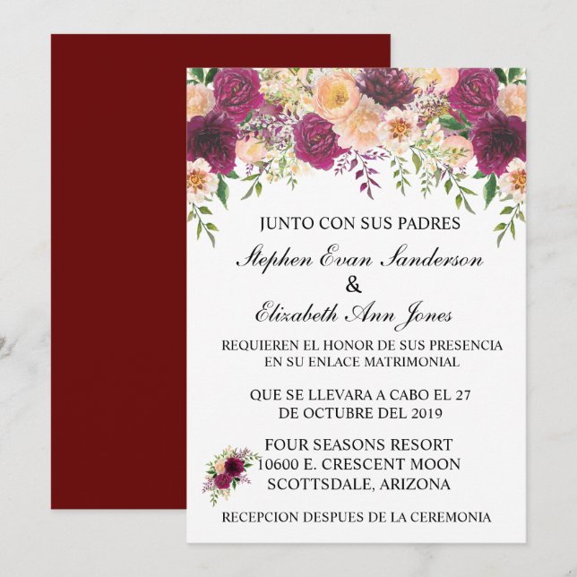 Spanish Wedding Burgundy Rosa Blush Floral Invitation (Front/Back)