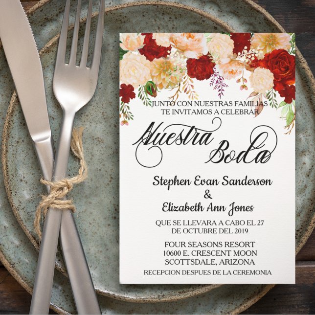 Spanish Wedding Coral Burgundy Nuestra Boda  Invitation (Creator Uploaded)