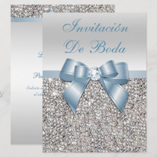 Spanish Wedding Faux Silver Sequin Dusty Blue Bow Invitation