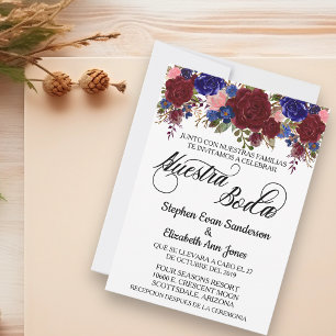 Spanish Wedding Rose Burgundy Navy Nuestra Boda Invitation