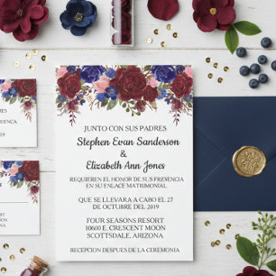 Spanish Wedding Rose Burgundy Navy Watercolor Invitation