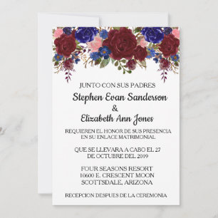 Spanish Wedding Rose Burgundy Navy Watercolor Invitation