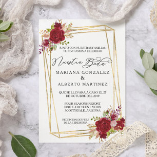 Spanish Wedding Rose Burgundy  Nuestra Boda Gold Invitation