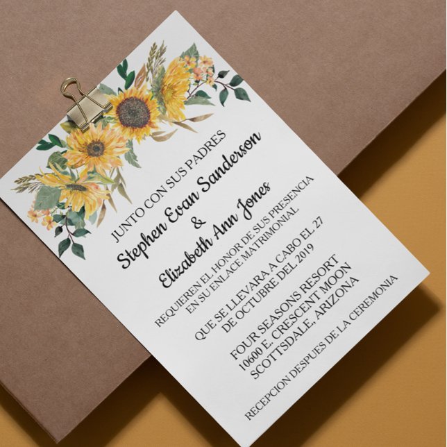 Spanish Wedding Sunflowerr Floral Navy Invitation (Creator Uploaded)