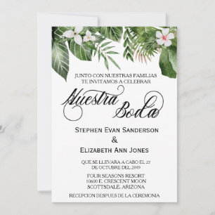 Spanish Wedding Tropical Leaves Nuestra Boda Invitation