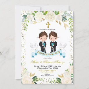 Spanish White Floral Twin Boy Primera comunión Invitation