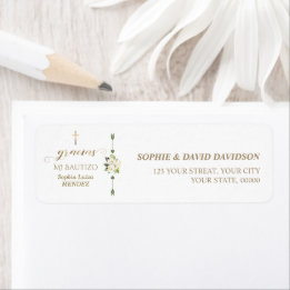 Spanish White Flowers Gracias Calligraphy Bautizo Return Address Label