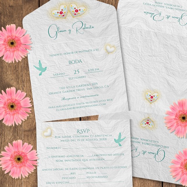 Spanish White Hearts Flowers Doves Mexican Wedding All In One Invitation (Creator Uploaded)