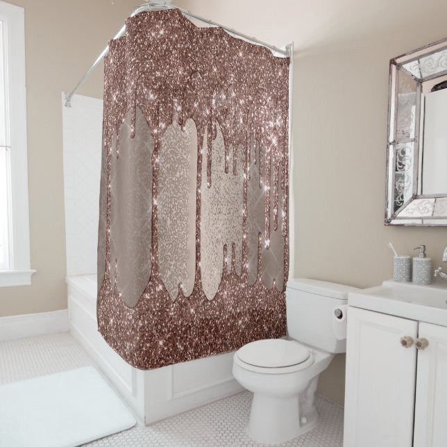 Spark Drip Glitter Effect Blush Rose Chocolate Shower Curtain (In Situ)