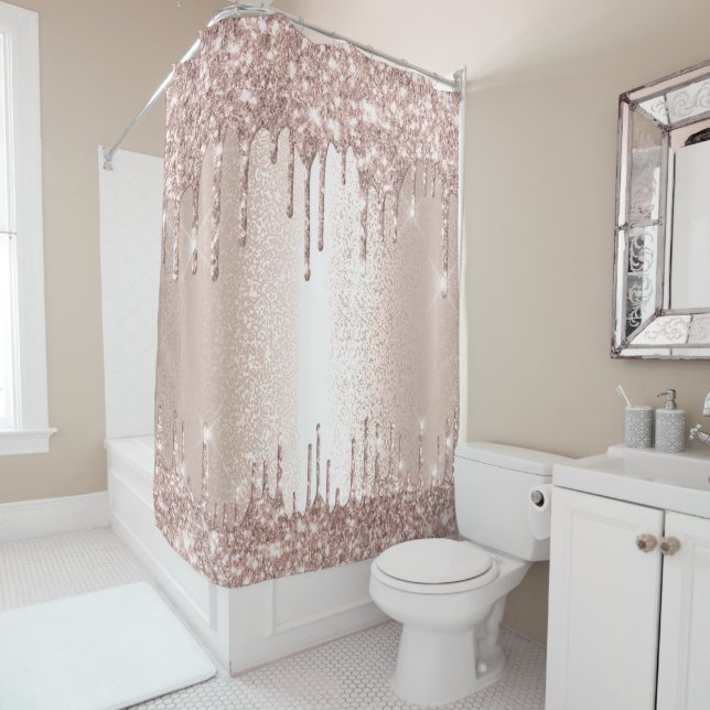 Spark Drip Glitter Effect Blush Rose Girly Elegant Shower Curtain (In Situ)