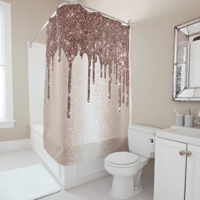 Spark Drip Glitter Effect Blush Rose Girly Skinny Shower Curtain (In Situ)