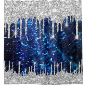 Spark Drips Glitter Blue Navy. Silver Grey Shower Curtain