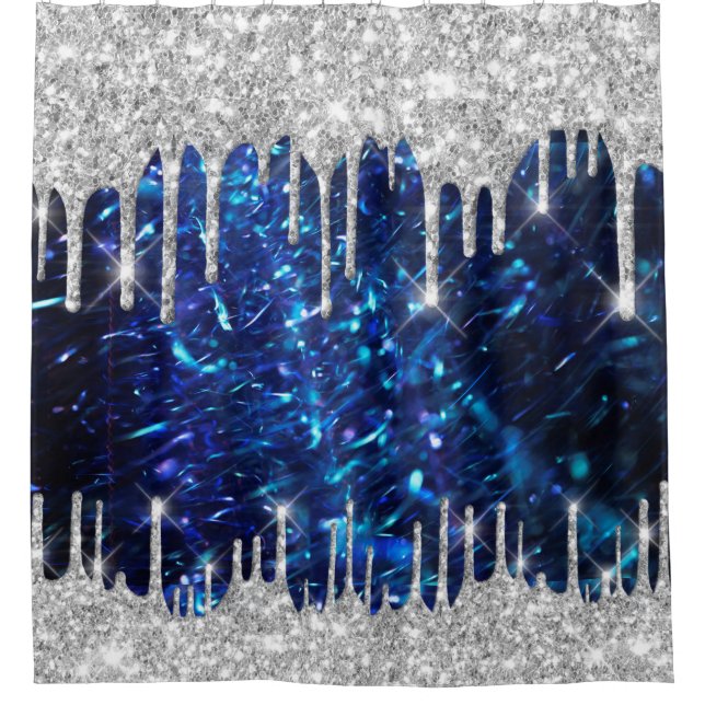 Spark Drips Glitter Blue Navy. Silver Grey Shower Curtain (Front)