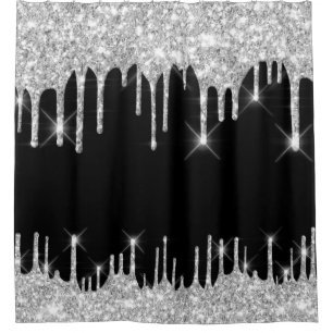 Spark Drips Glitter Effect Black Silver Grey Shower Curtain