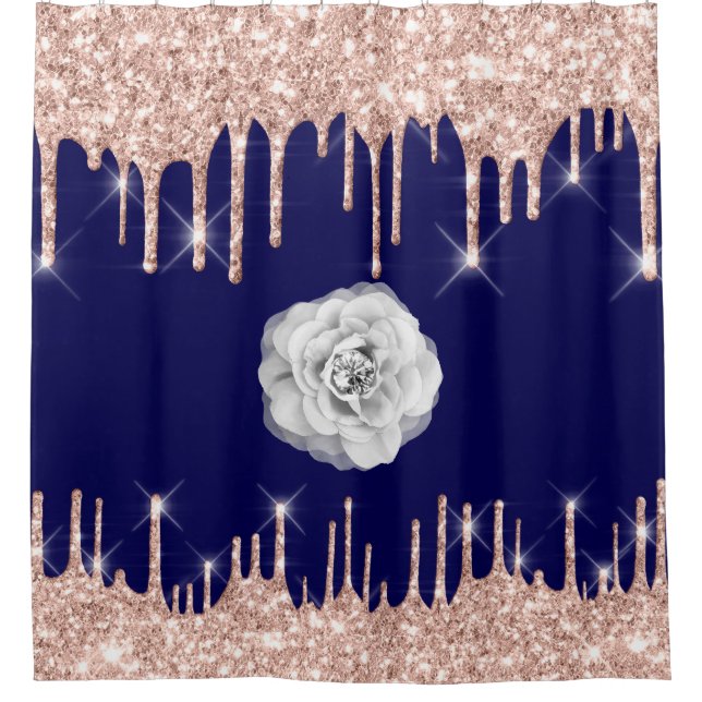 Spark Drips Glitter Effect Blue Navy Rose Flower Shower Curtain (Front)