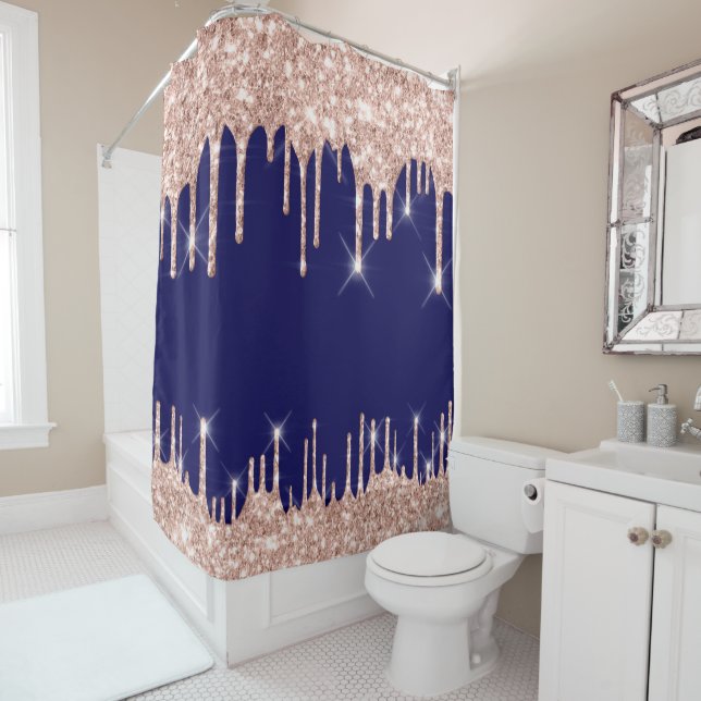 Spark Drips Glitter Effect Blue Navy Rose Gold Shower Curtain (In Situ)