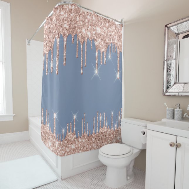 Spark Drips Glitter Effect Blush Rose Dusty Blue Shower Curtain (In Situ)