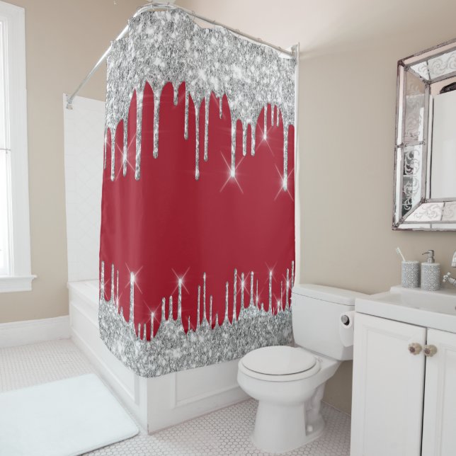 Spark Drips Glitter Effect Red Wine Silver Grey Shower Curtain (In Situ)